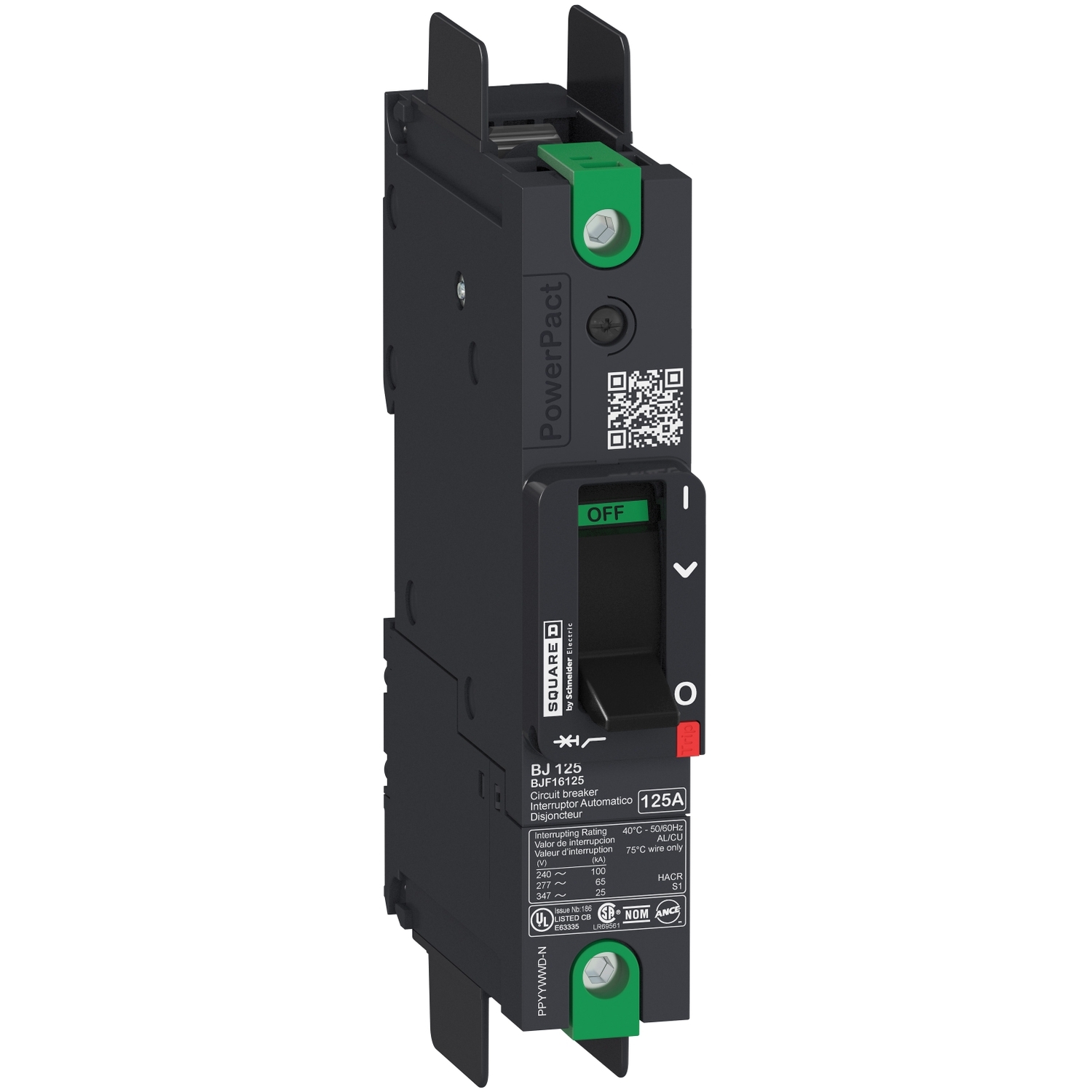 Schneider Electric Molded Case Circuit Breaker; 1-Pole; 20A; 600VAC/250VDC; 18kA @ 480VAC; Bus Bar (no lugs); UL 489